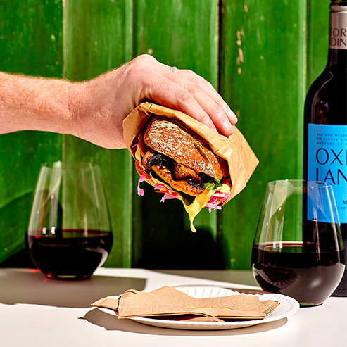 A Delicious meat free all Burger perfectly paired with our Oxford Landing Merlot